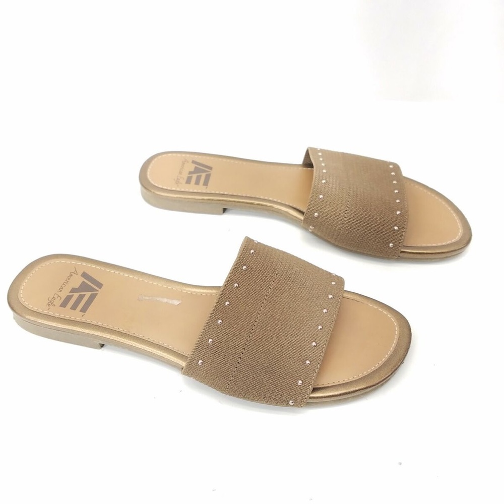 American Eagle Sandals Slip On Brown Slides Flats Wide Strap Womens Size 10